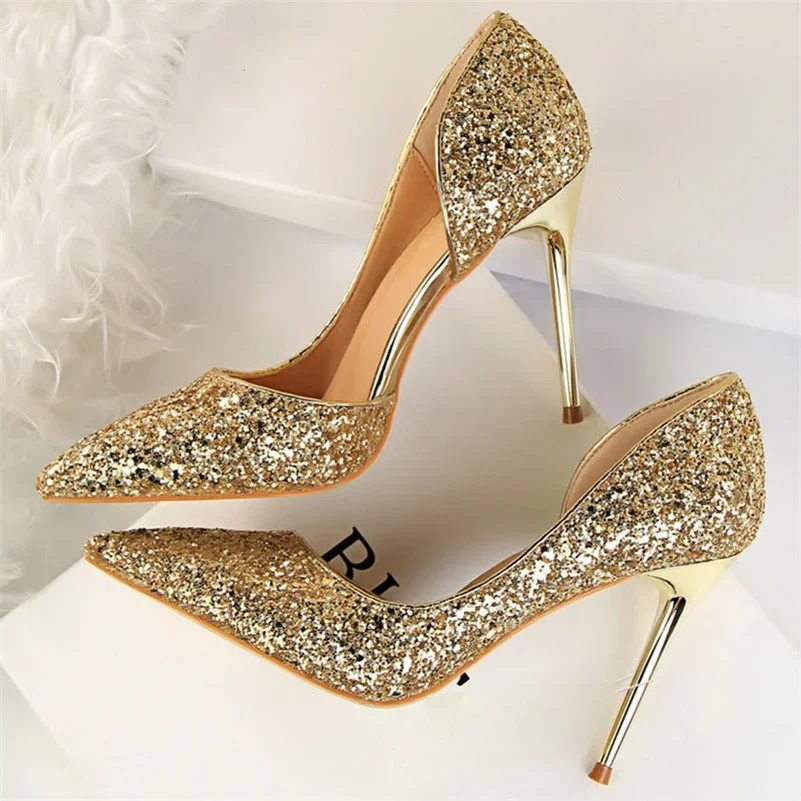 Plus Size 34-43 Women 9.5cm High Heels Stripper  Bling Glod Red Silver Scarpins Pumps Lady Stiletto Wedding Bridal Fetish Shoes