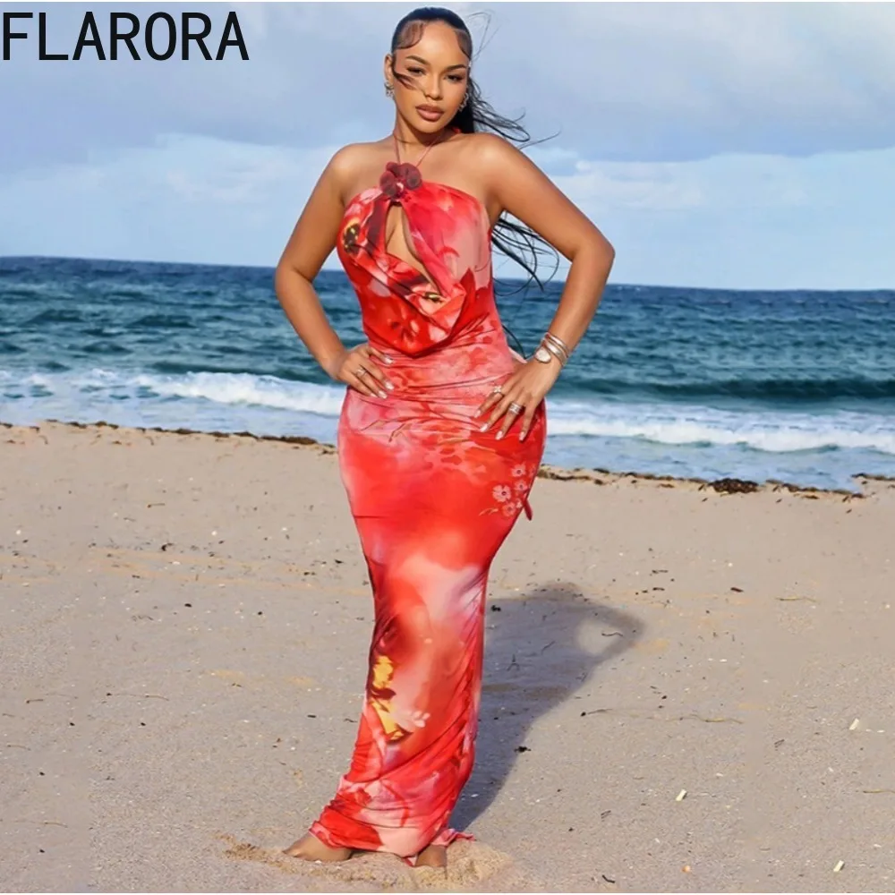 

FLARORA Sexy Flower Printing Beach Dress Woman Summer Halter Sleeveless Hollow Backless Bodycon Maxi Dresses Vacation Clubwear