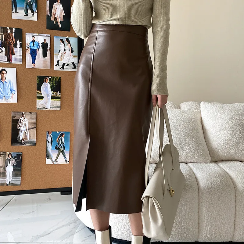 

Fashion Women PU Leather Skirt Autumn Winter Women's Clothing Ladies Warm High Waist Split A- Line Mid-length Skirt