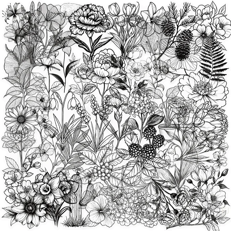 

Retro Style 50-Pack Transparent Black White PET Stickers, Decorative Flower Plant Decals for Laptop DIY Scrapbooking