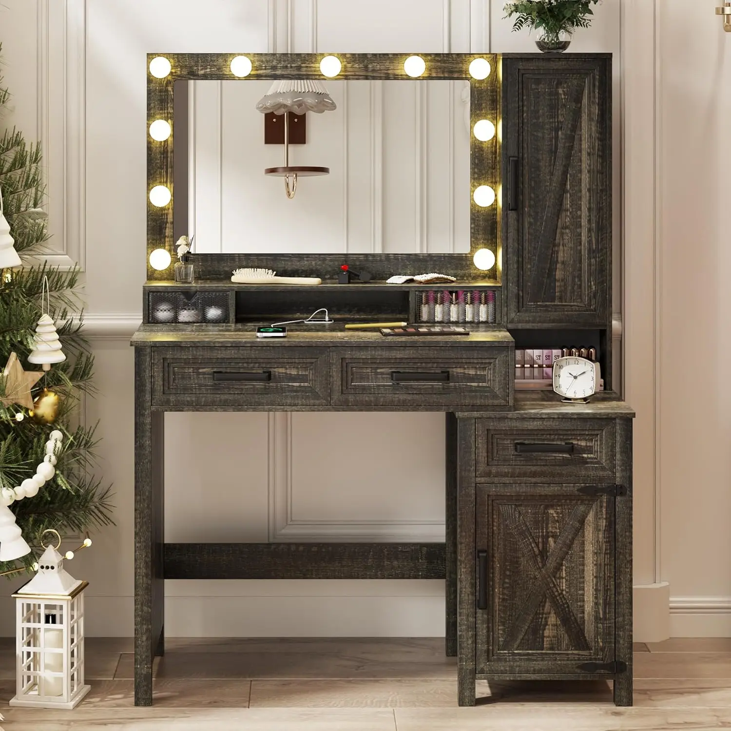 Bedroom/Cloakroom Makeup Vanity Desk, Dark Oak Wood, 11 Hollywood Bulbs, Charging Station, Drawers, Shelves