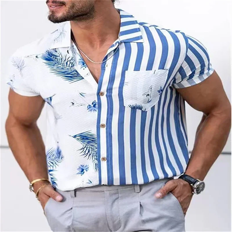 

Men's Shirts Summer Fashion Trend Striped Floral Contrast Splicing Printed Hawaiian Beach Holiday Casual Short Sleeve Shirts