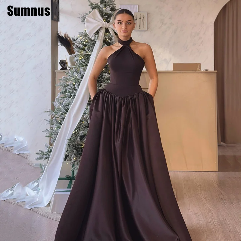 

Sumnus Elegant Brown A-Line Evening Dress Halter Satin Sleeveless Draped Floor Length Birthday Prom Dresses vestidos Customized