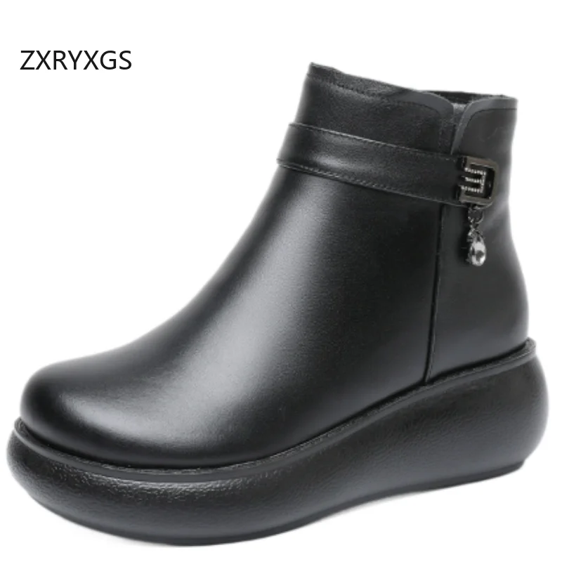 ZXRYXGS 2025 New Trendy Comfortable Top Cowhide Wool Boots Black Shoes Woman Thick Sole Wedges Boots Warm Snow Boots Plus Size