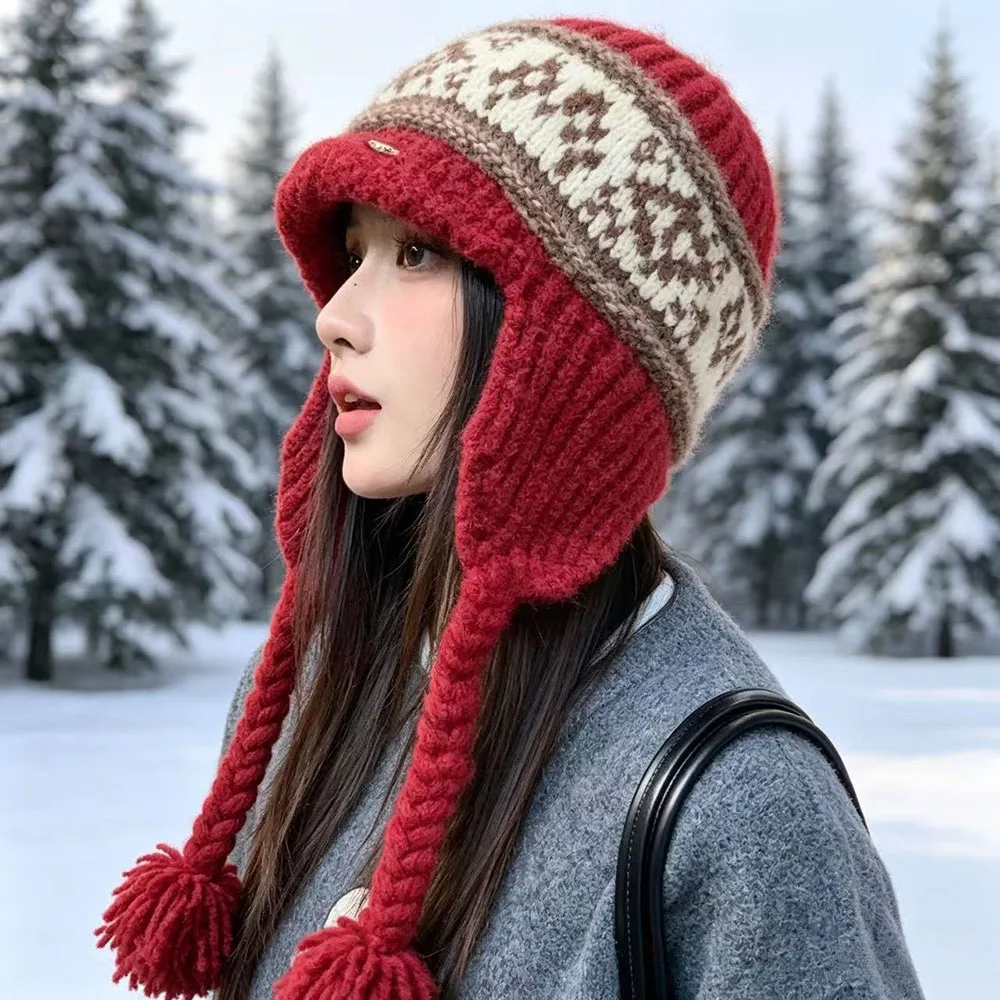 Winter Vintage Trapper Aviator Hat for Women Earflap Warm Wool Blended Knitted Hat Ear Protection Outdoor Skiing Protectors Hats