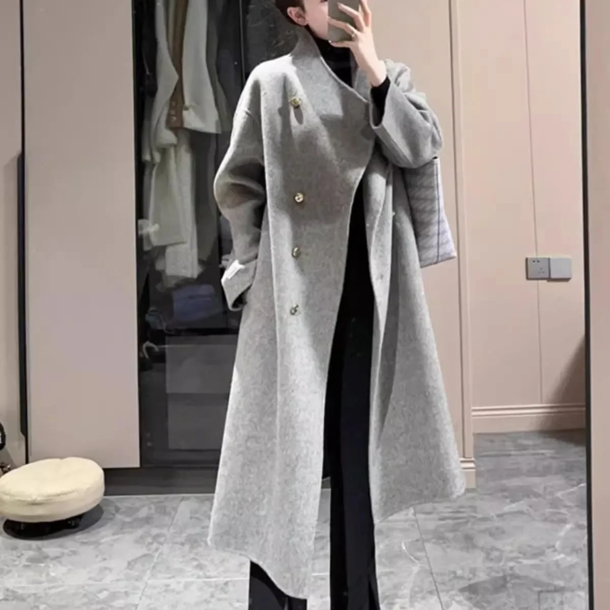 

Двусторонняя шерстяная куртка, женское пальто, осень-зима 2022, новое корейское свободное шикарное шерстяное пальто средней длины, ветровка