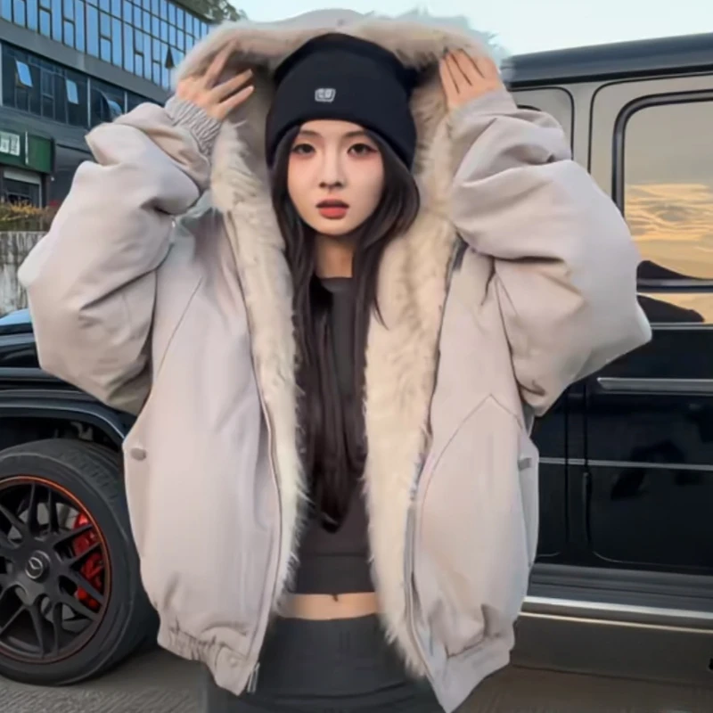 

winter new American retro wool collar thickened cotton jacket for men and women same style workwear fashion zipper hoodie jacket