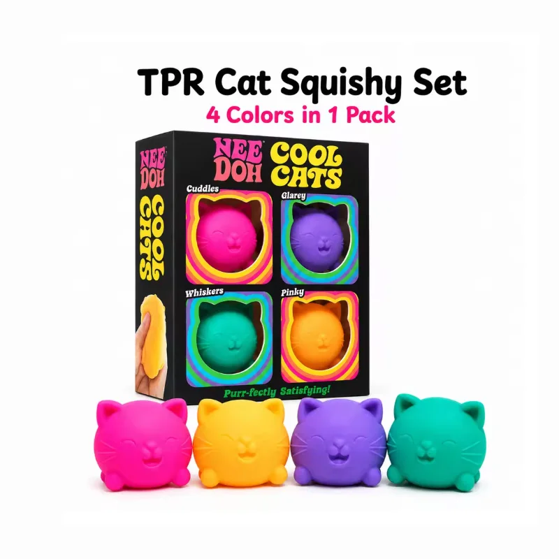 Needoh 4 Pack Teenie Cool Cats Squish Calmer Soft Squish Gadgets Anxiety Non-toxic TPR Tactile Orbs for ADHD & Autism Presents