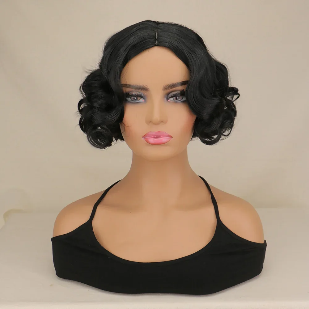 سنو وايت قصير أسود مجعد الباروكات مع الجزء الأوسط شعر مستعار اصطناعي تأثيري شعر مستعار المرأة زي لحفلة الهالوين #1