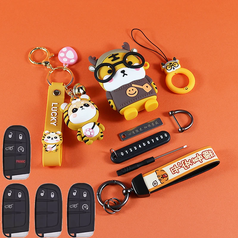 Cartoon Tiger Car Key Case Cover Cute Keychain For Jeep Renegade Compass Grand Cherokee Wrangler Patriot Car Accessories Keyring