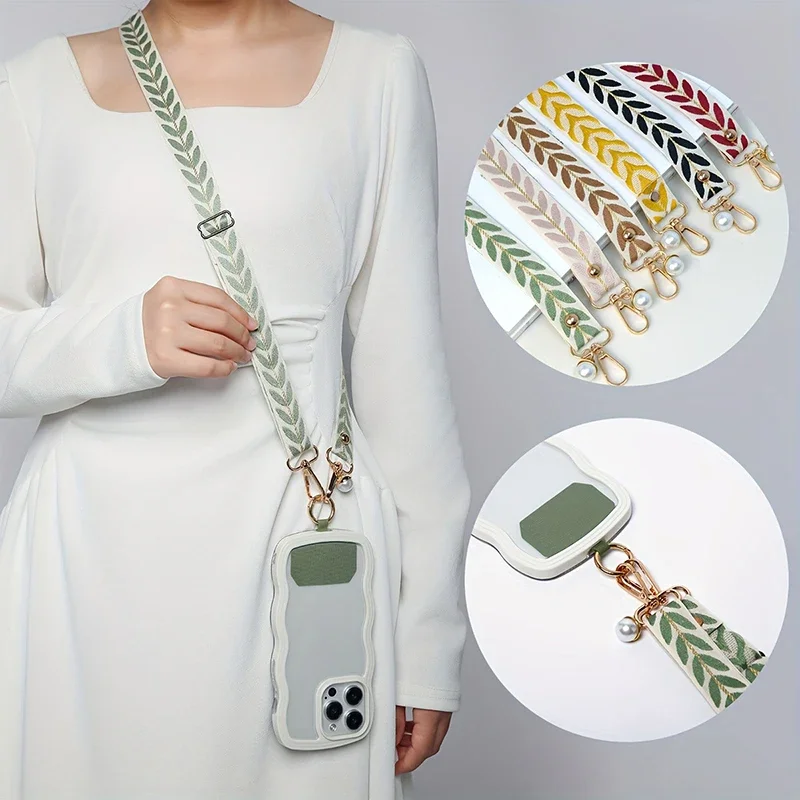 Mobile Phone Strap Lanyard Long Crossbody Shoulder Chain Faux Pearl Pendant Hanging Adjustable Hanging Neck Wide Cloth Strap