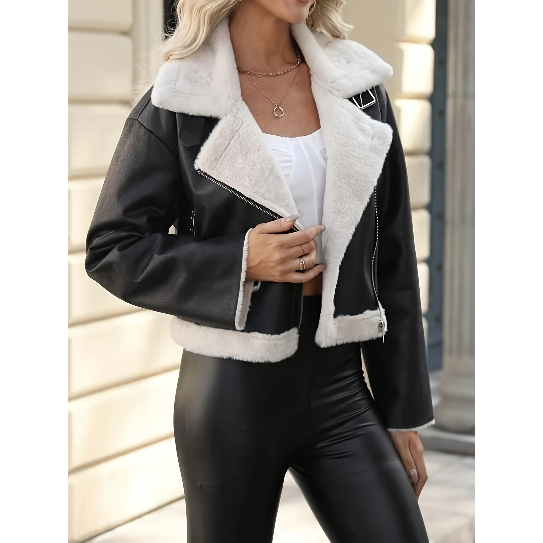Automne hiver nouveau Sle Fce doublé en cuir Jaet femmes taille européenne chaud Long col Sve manteau trajet décontracté Jaet