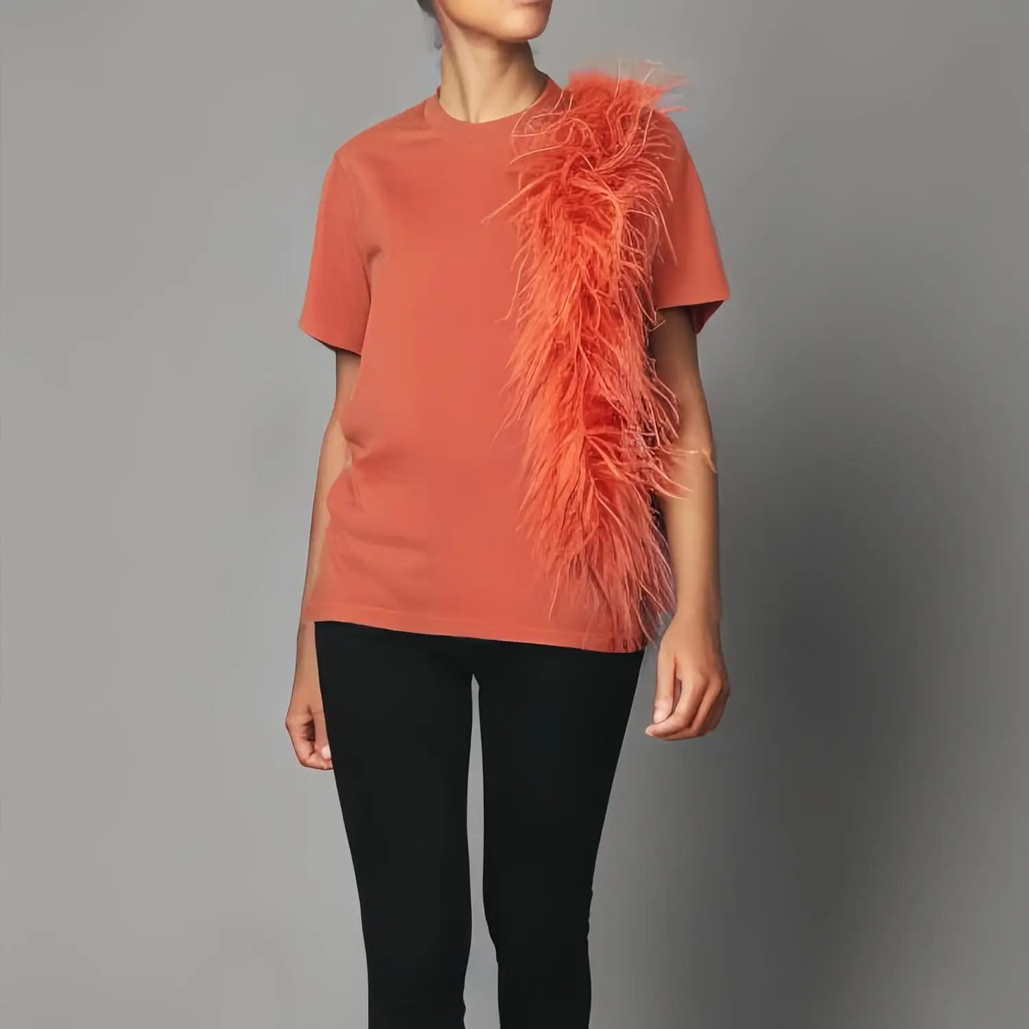 Women's T-Shirt with Real Ostrich Feather Baggy Top Crew Neck Summer Y2K Orange top plus size clothing Punk style