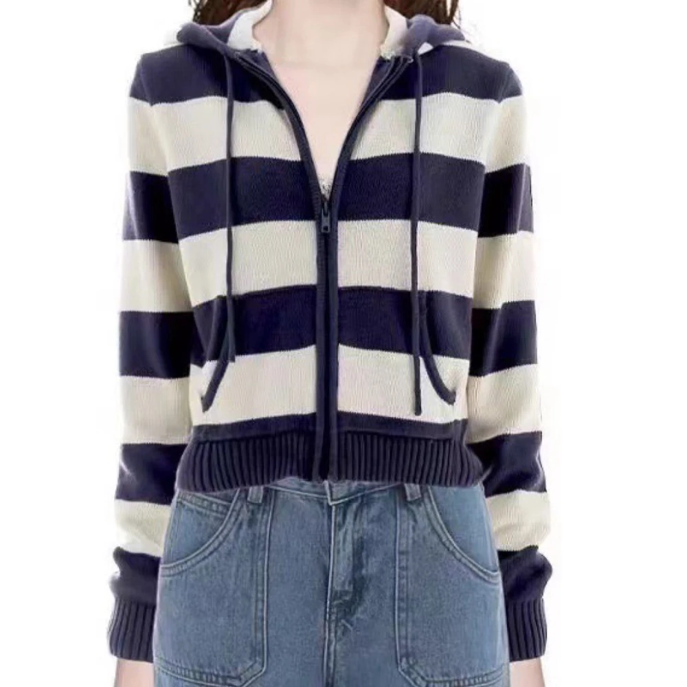 BM With Striped Hooded Knit Cardigan Navy Blue And White Striped Burst Hoodie Coat Women BM Style Short Sweater Knit Cardigan