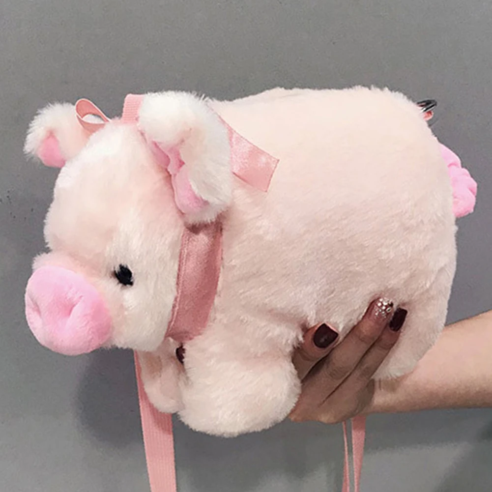 Kawaii Shoulder Bag Cute Pink Pig Soft Plush Hand Crossbody Bag Animal Lovely Ribbons Zipper Satchel Pouch for Student Kids