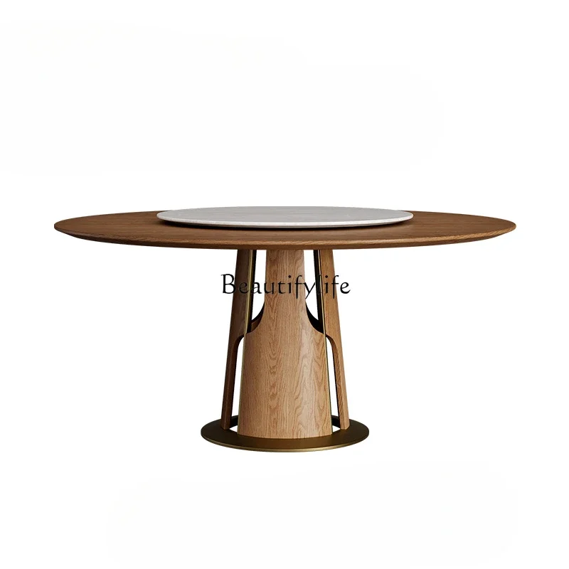 

Ash wood solid wood dining table Italian light luxury medium and ancient style restaurant household high-end marble turntable