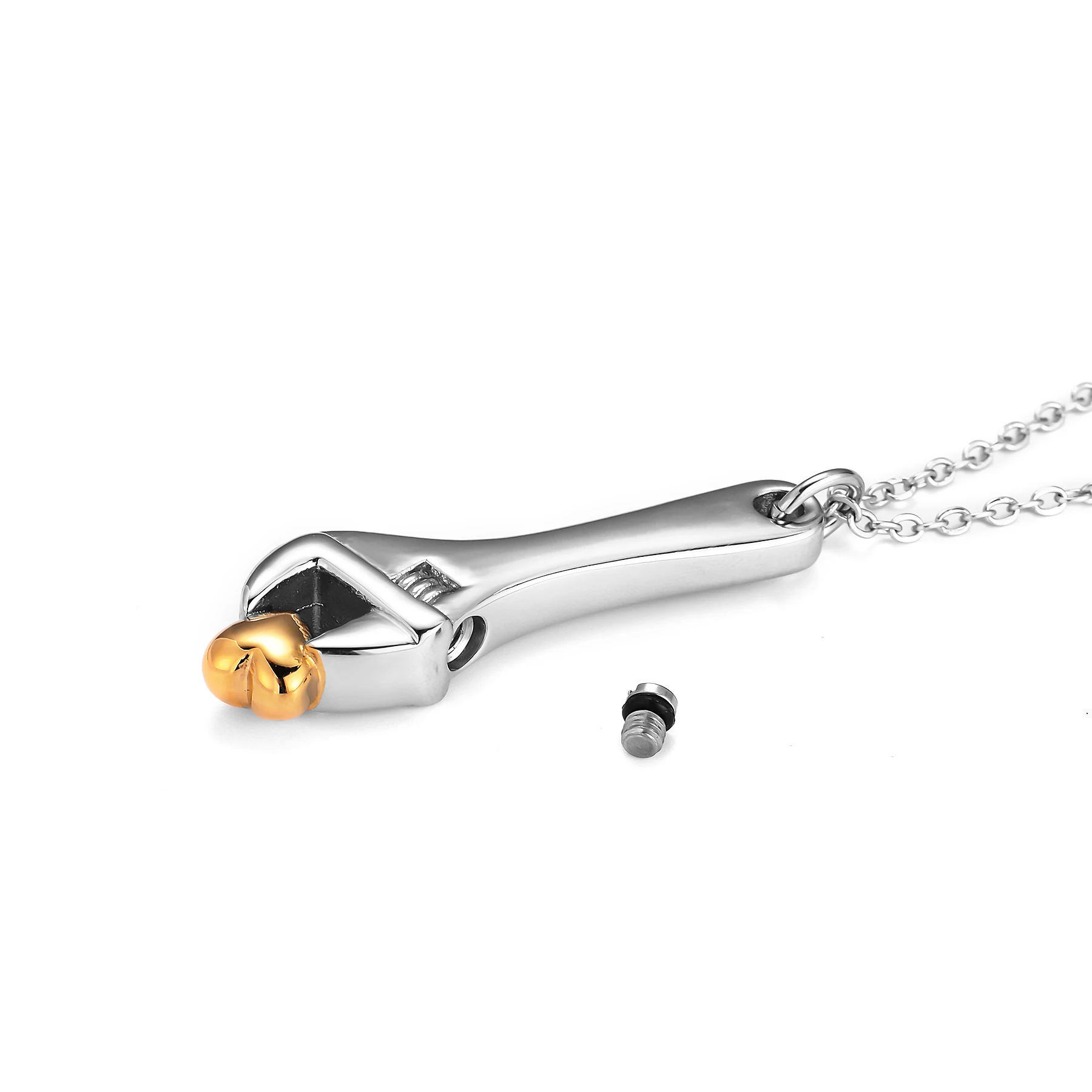 Schraubenschlüssel-Urnen-Halskette aus Edelstahl mit Herz, Einäscherungsanhänger für Asche, Andenken-Schmuck für Männer, Trichter-Werkzeug – Detail 6
