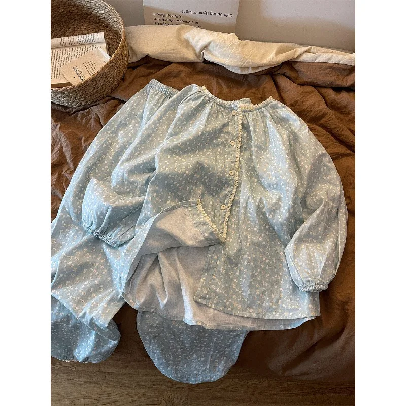 French-Style Sweet Floral Print Pajamas for Women: New Spring/Fall Collection—comfortable Long-Sleeve, Long-Pants Loungewear Set