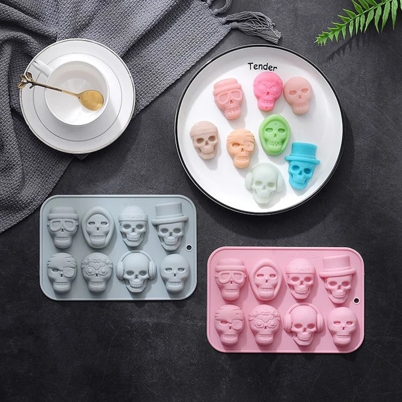 5pcs Skull Silicone Molds Pastry 8 Different Skeleton Cookie Cake Candy Chocolate Mold Silicone For Baking Ice Cube Tray Mould