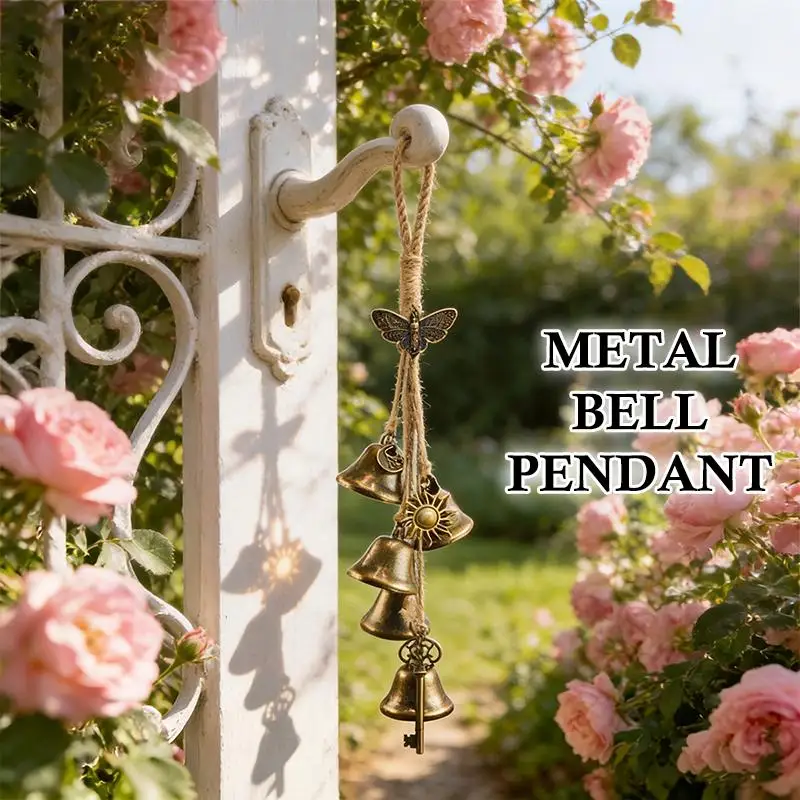 1pc Vintage Bronze Metal Bell Pendant With Butterfly Decor And Soft Chime Perfect For Garden Door Hanging Home Decor