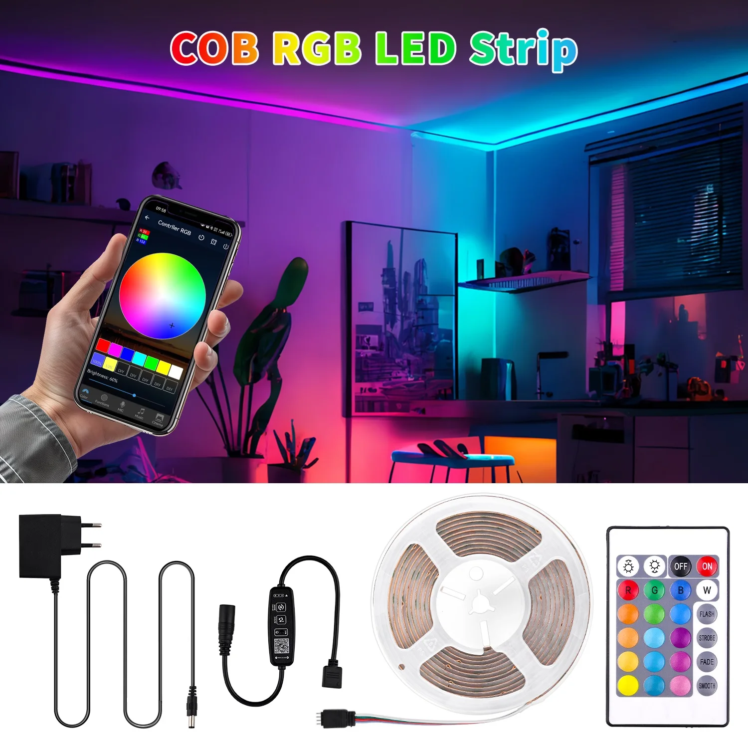 

COB RGB LED Strip Lights with RF Remote Dimmable Controller Set 2880 LEDs DC24V Flexible 16.4ft LED Tape Light Indoor Decor