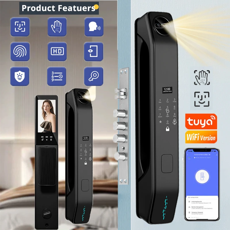 

3D Face Smart Door Lock Security Camera Monitor Intelligent Fingerprint Password Biometric Electronic Key Unlock