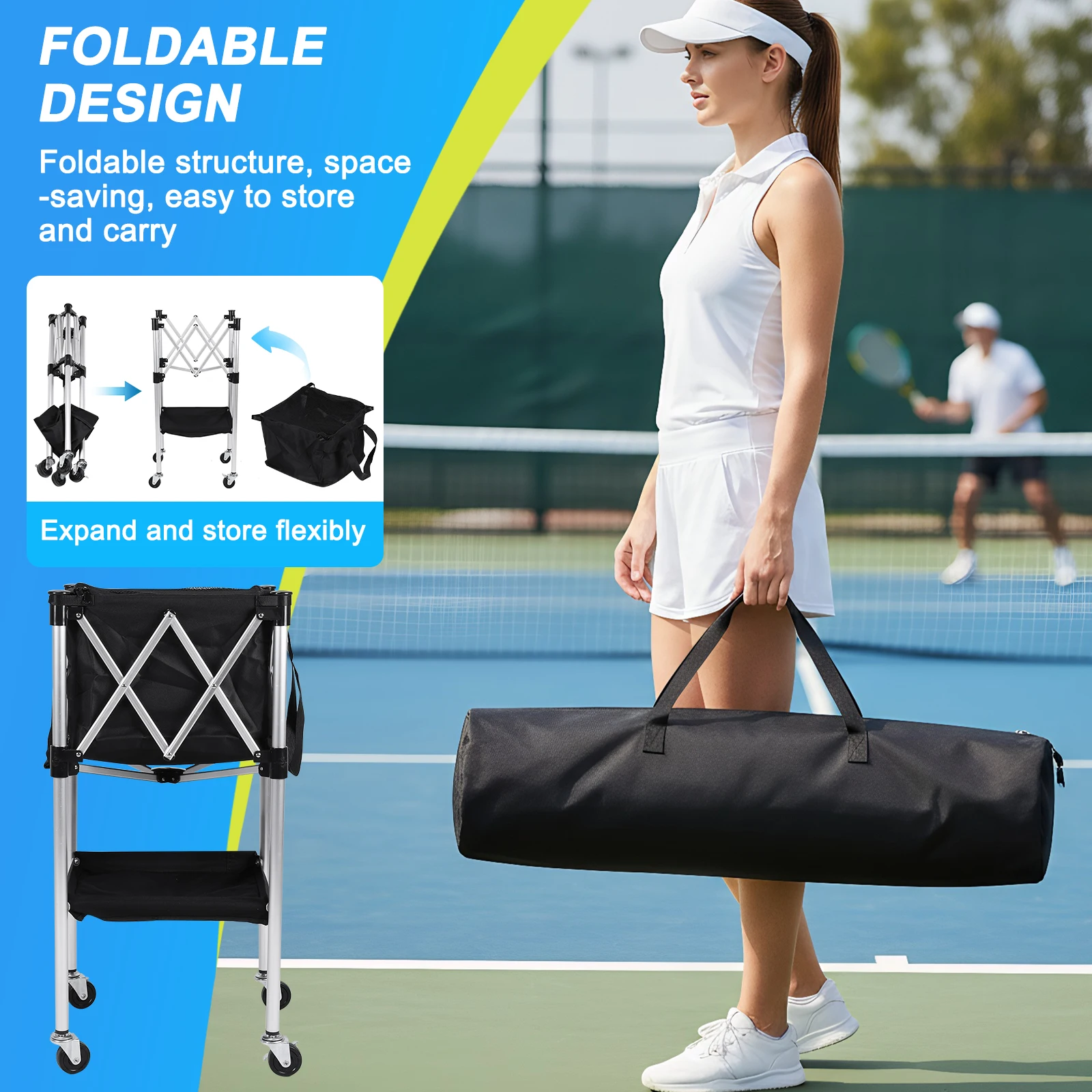 

Tennis Ball Hopper Foldable Tennis & Pickleball Hopper with Wheels with Storage Bag for Serve Training