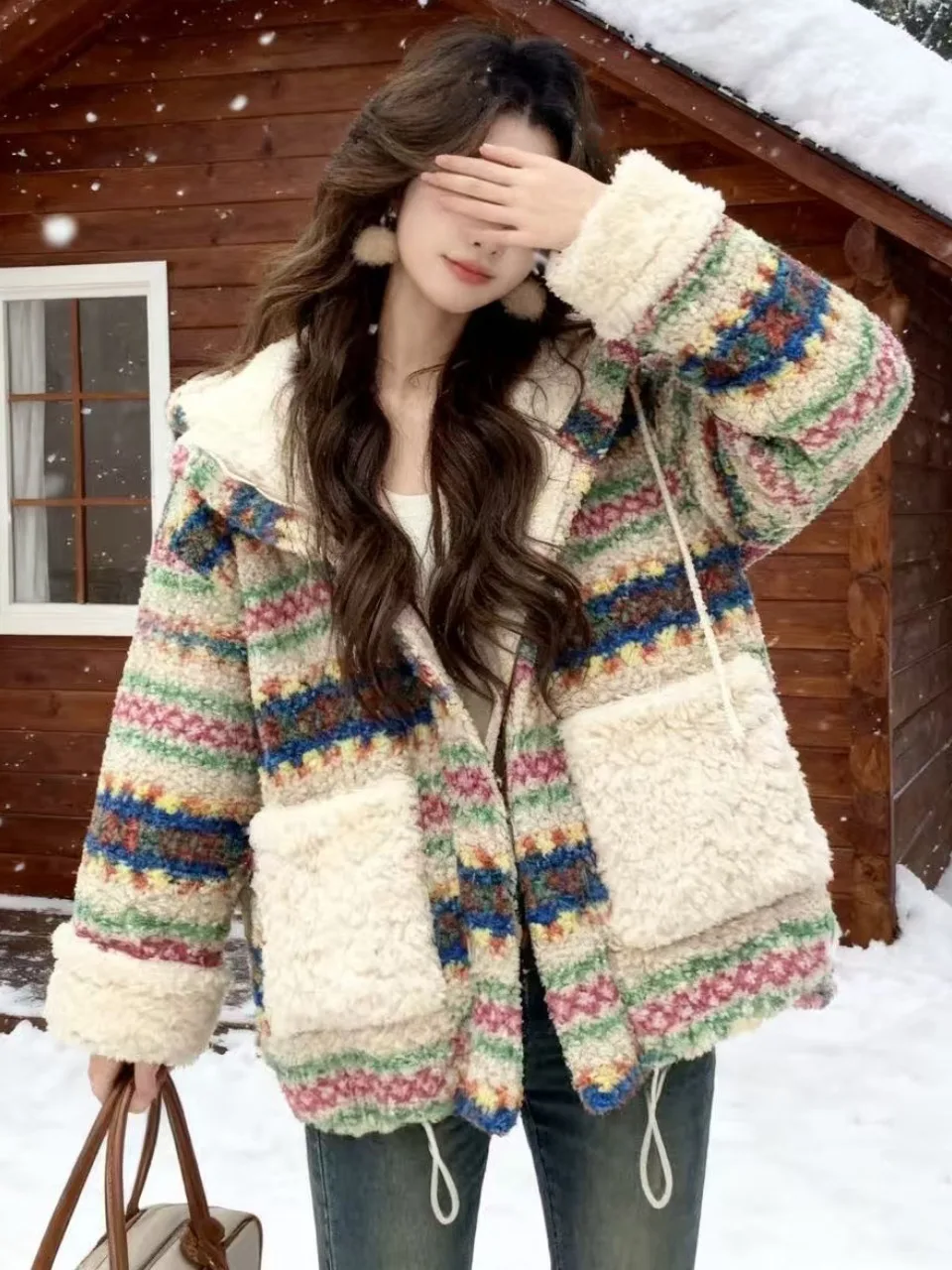 

East Gate Double-Sided Wear Retro Hooded Geometric Embroidered Lamb Fur Coat Thi Warm Women's Jaet Polyester Fiber Long S...
