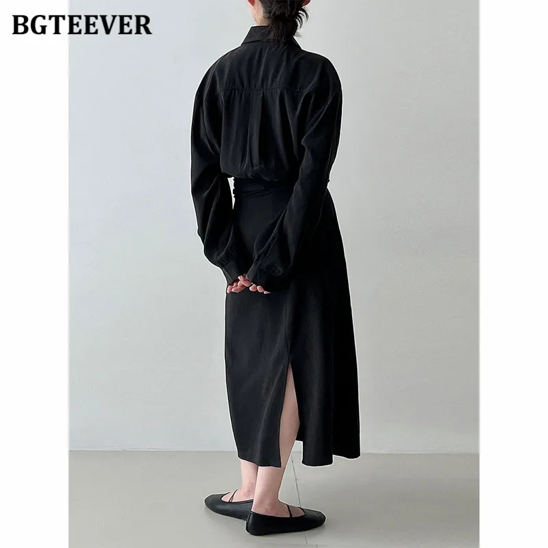 BGTEEVER automne élégant revers à manches longues femme chemise robe élégante taille mince simple boutonnage robe trapèze pour les femmes
