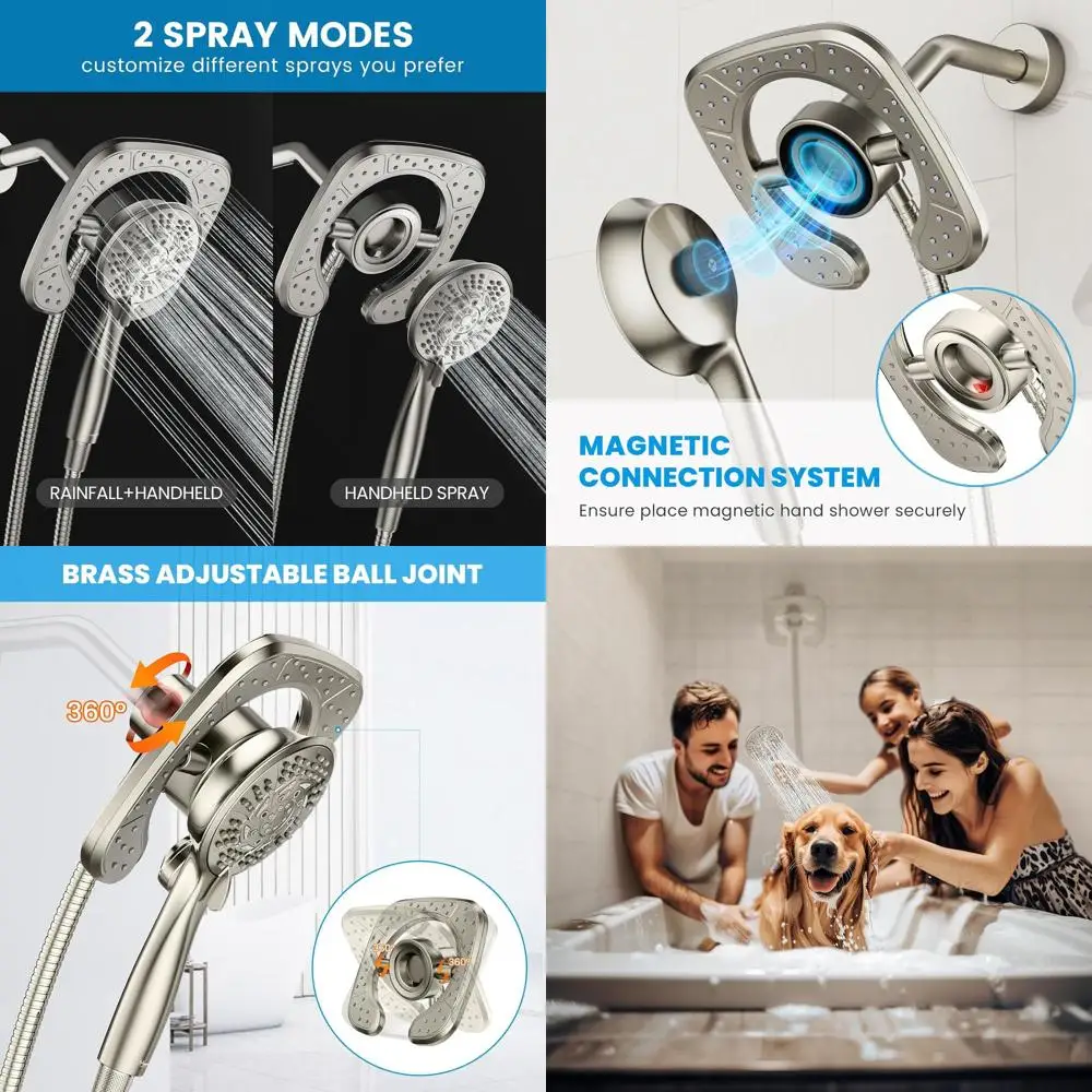 

7.2 Inch Multi-Function Rainfall & Handheld Shower Head with Magnetic Dock, 59 Rotatable Hose (Nickel)