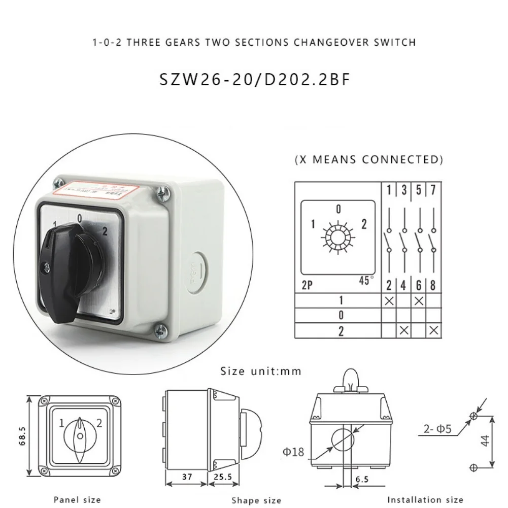 SZW26-20 D202.2BF IP66 Sealed Rotary Switch 20A 660V Insulation Voltage 440V AC 240V DC Two Section Changeover Transfer Switch