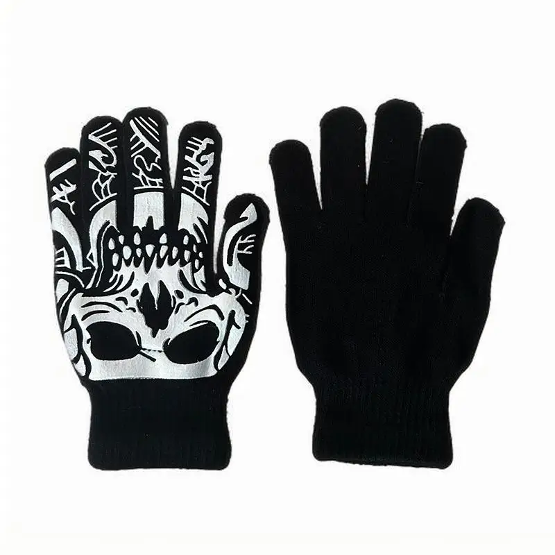 ถุงมือพิมพ์ลายกะโหลกสีขาว ถุงมือถักแบบห้านิ้วสำหรับผู้ชายและผู้หญิง สวมใส่สบายในชีวิตประจำวัน สไตล์สตรีทสำหรับฤดูใบไม้ร่วงและฤดูหนาว
