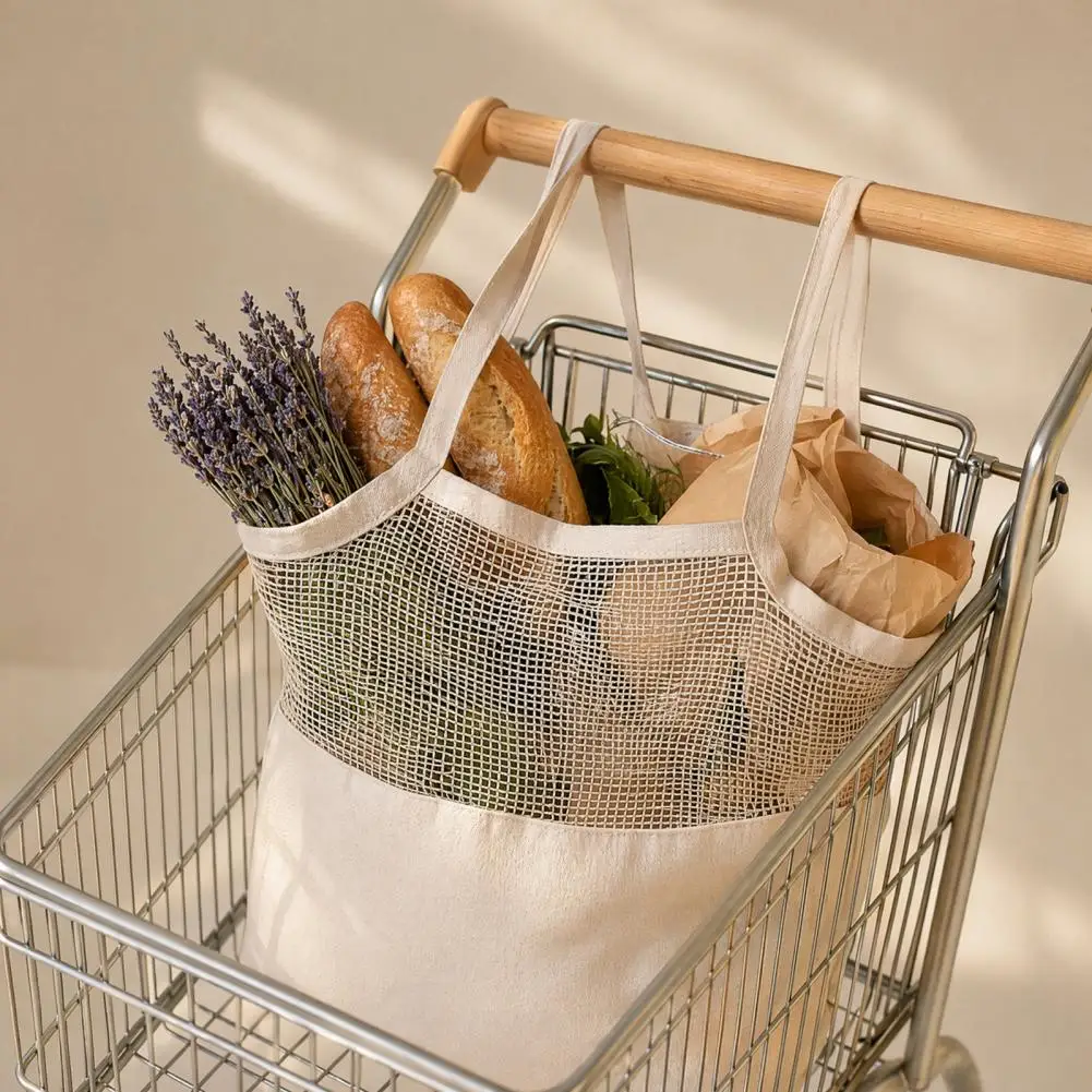 Cotton Canvas Tote Canvas Shopping Bag with Breathable Mesh Splicing Design Reinforced Straps Grocery Tote Long Handle Market