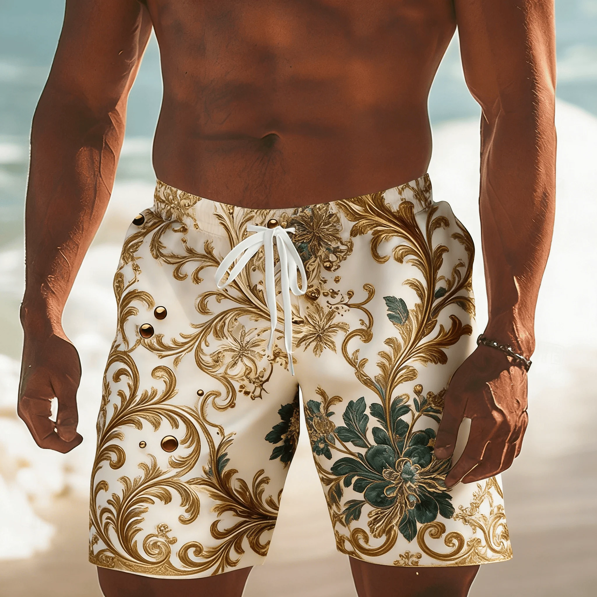 Men's Gold Baroque Print Drawstring Shorts, Spring Summer Retro Luxury Casual Pants, Pocket Beach Shorts