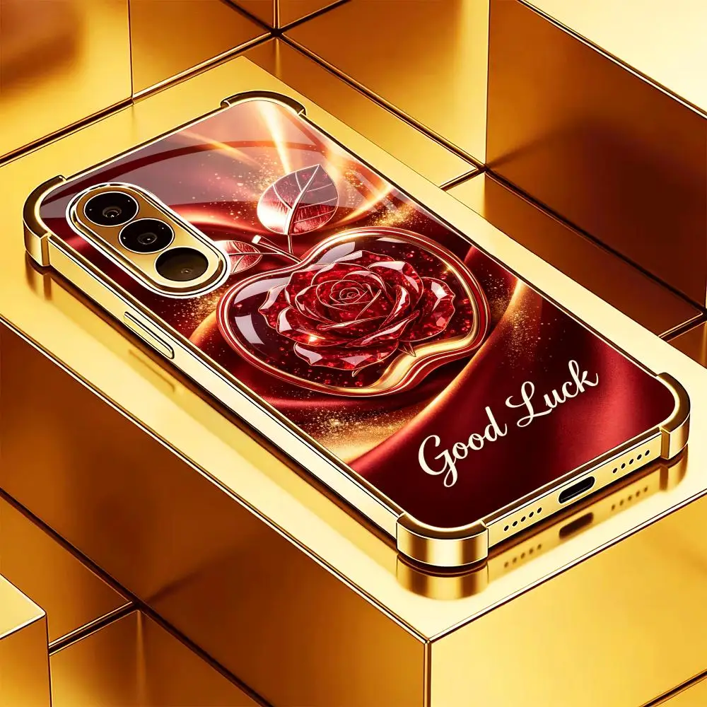 Red Rose Good Luck Exquisite Fashion HD glass phone case for Samsung Galaxy S26 S25 S24 S23 S22 FE,Ultra,Plus Dropresistant
