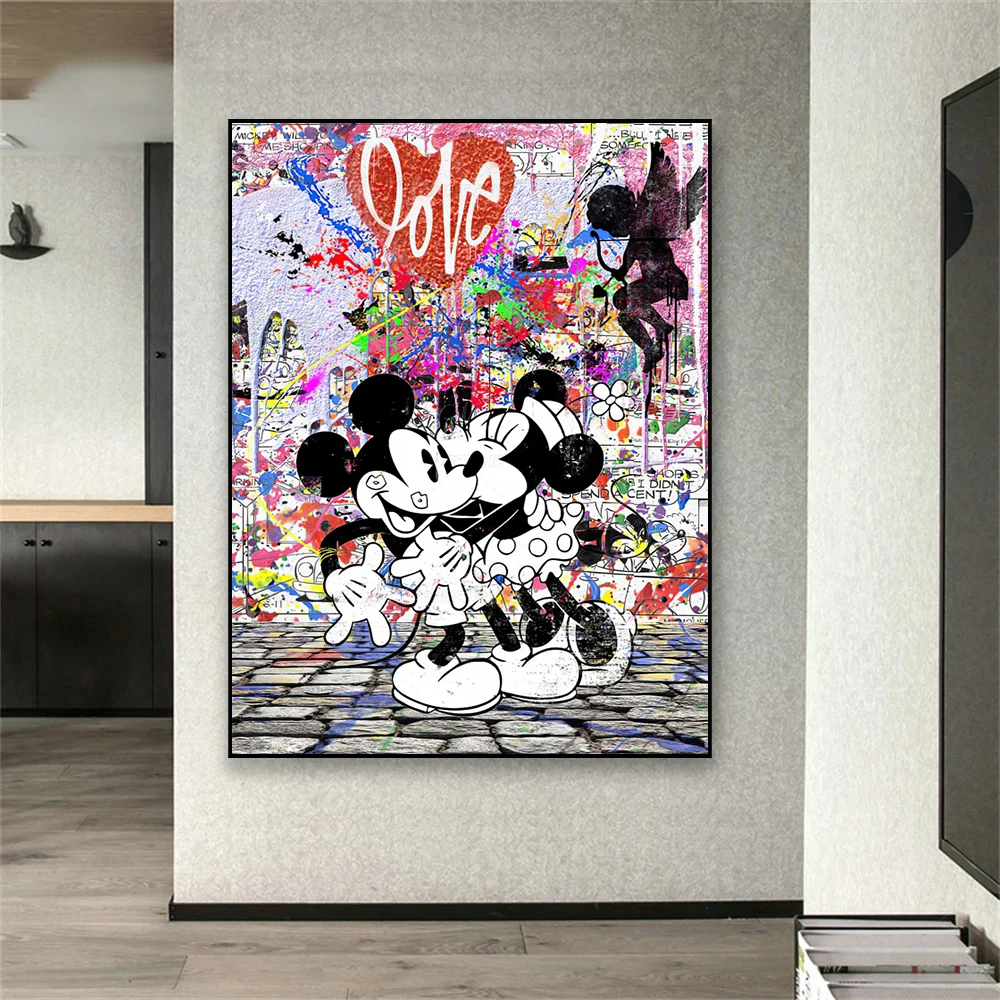 الكلاسيكية أنيمي ديزني الكتابة على الجدران ميكي ماوس الكرتون الجدار ملصق فني يطبع غرفة المنزل الحديثة ديكور قماش اللوحة الجداريات ، الإطار