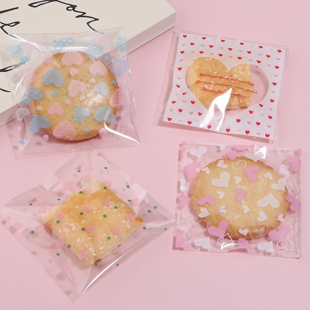 100pcs 7x7cm Love Heart Clear Plastic Self-Adhesive Bags for DIY Jewelry Packaging Display Baking Cookies Packaging