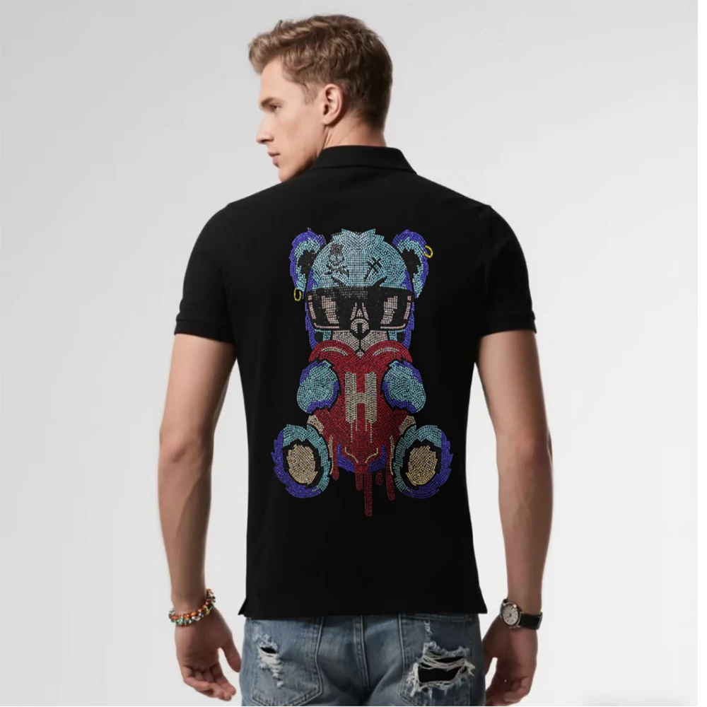 Designer Men Polo Shirt Cartoon Bear Rhinestones Trend Male Lapel Half Sleeve Tees Luxury Brand Heavy Craftsmanship Man Clothing