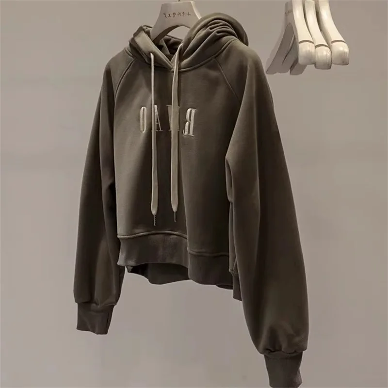 Felpa corta con cappuccio stile americano per donna Top sottile e ampio con copertura superiore spessa Giacca spessa Abbigliamento femminile