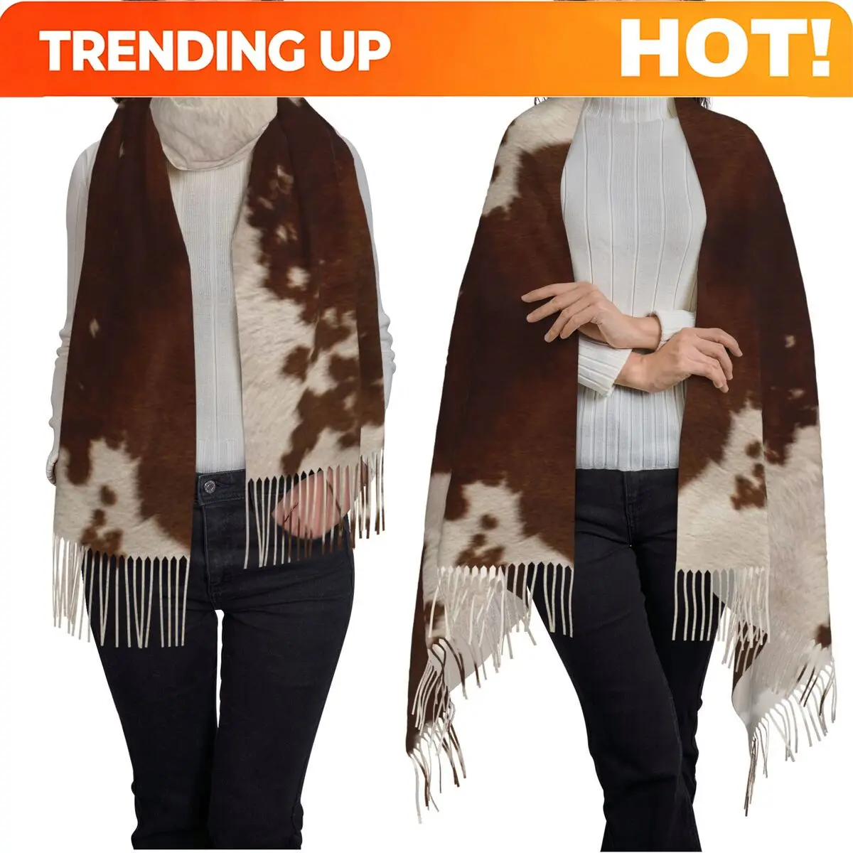 Customization Stylish Cow Fur Cowhide Texture Cow Skin Print Pattern Scarf Tassel Scarves Women Shawls And Wraps Long Fall Winte