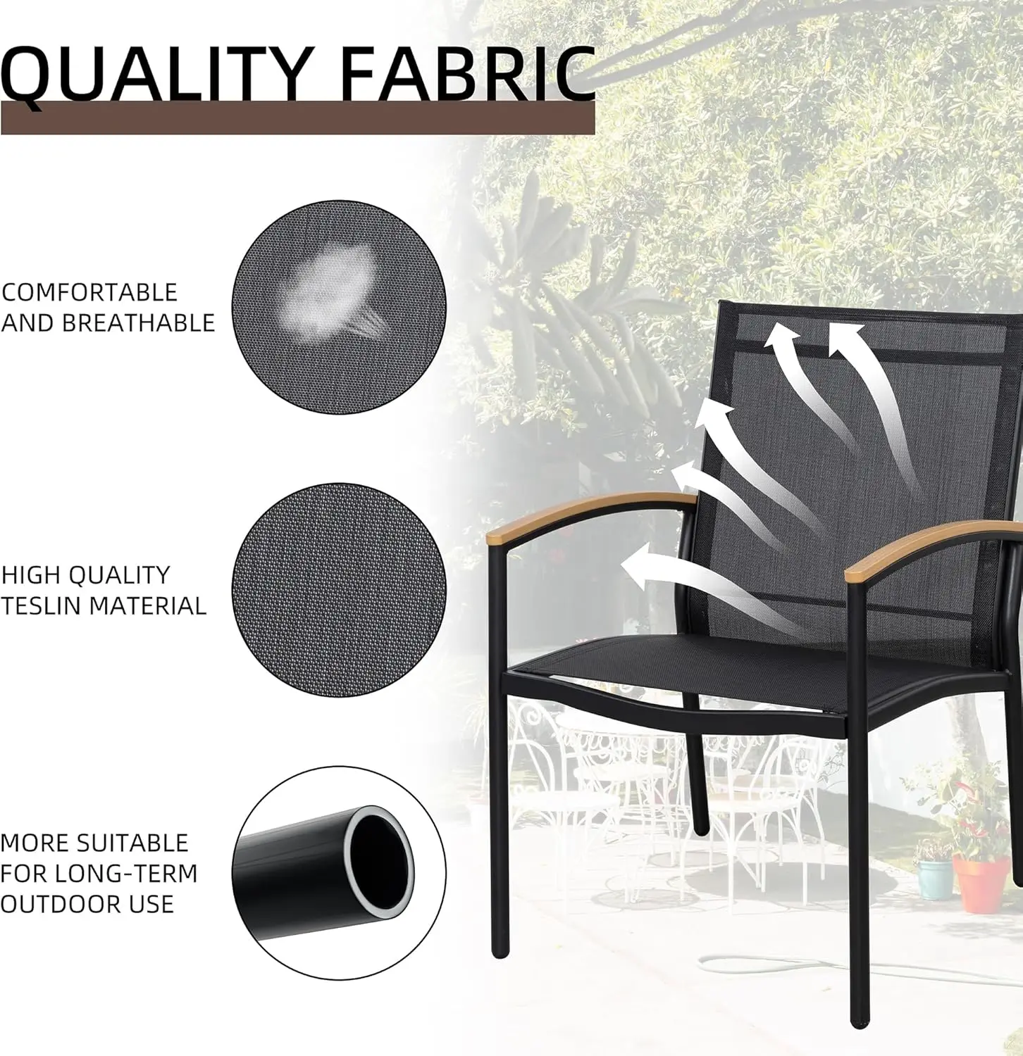 طقم بيسترو خارجي مكون من 3 قطع مع كراسي وطاولة من قماش Textilene للفناء والحديقة والشرفة باللون الأسود