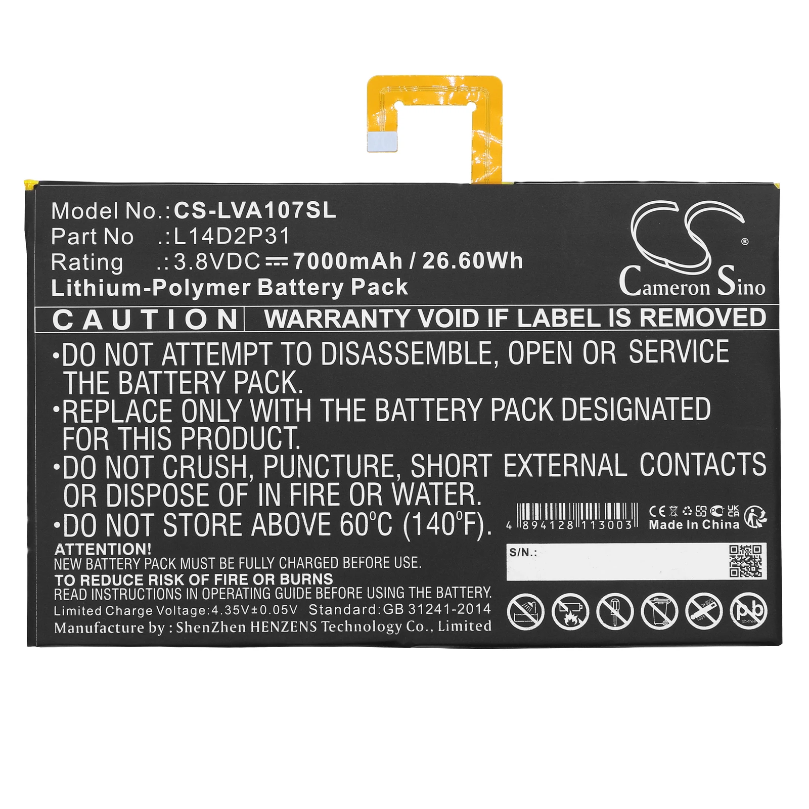 CS Replacement Battery for Lenovo Tab 2 A10-70,Tab 2 A10-70F,A10-70,A10-70F,TB-X103F,Tab 2 A10-7 PN:L14D2P31 7000mAh / 26.6Wh