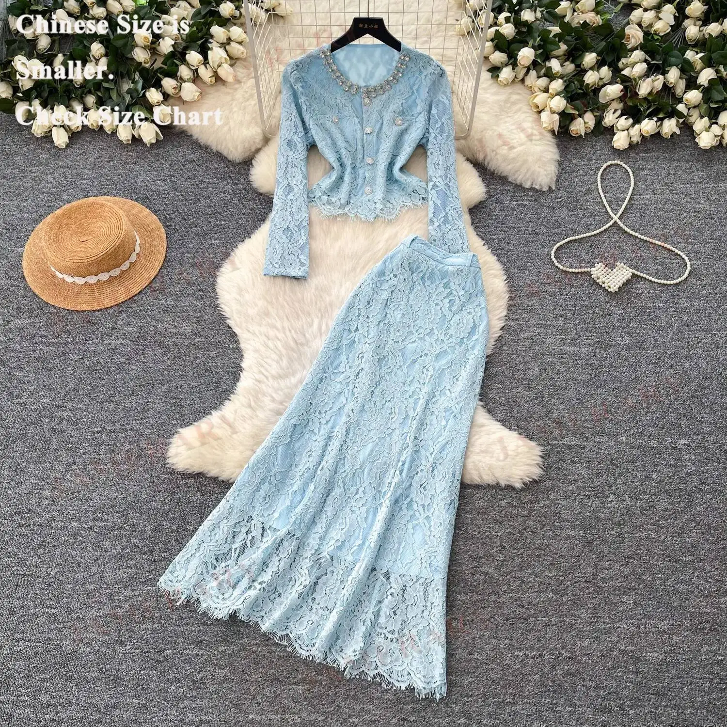 

Summer Lace Two Piece Set Women Rhinestone Beaded Blouses Long Sleeve Top Fishtail Maxi Skirts Suits 2pcs Outfit Evening Dresses