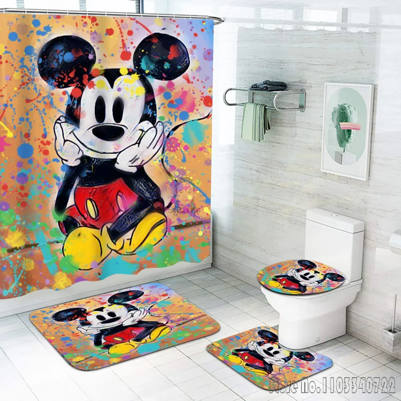 Mickey Mouse Disney Bath Shower Curtain Set 4pcs with Hooks Waterproof Bathroom Toilet Mat Lid Decor