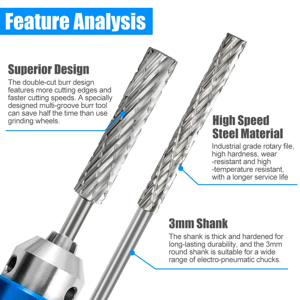 XCAN 1/8\'\' Shank HSS Rotary File 3mm 4mm 5mm 6mm Double Cut Rotary Burr