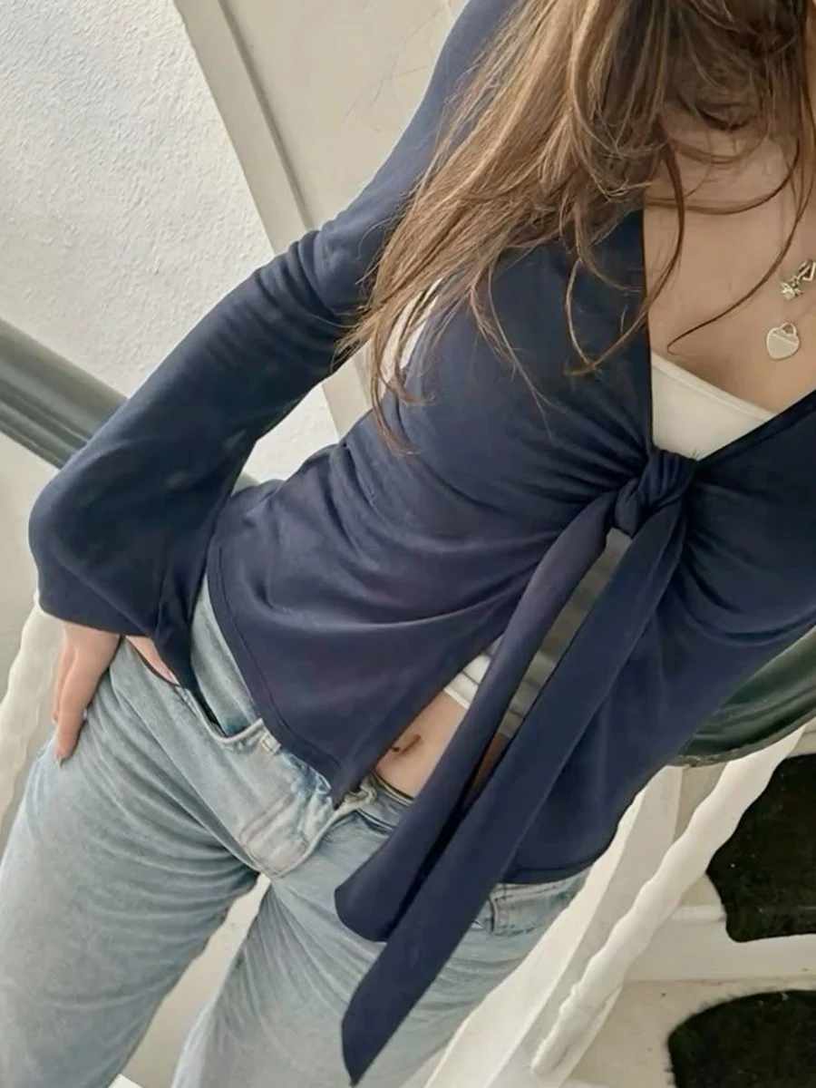 التعادل حزام تصميم Bowknot كم طويل تي شيرت المرأة الربيع مثير سليم صالح رقيقة سموك تيز عادية الحلو شيك التي شيرت بيبي دول #3