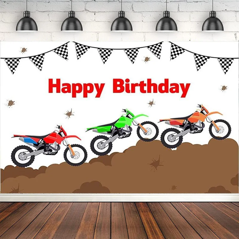 Happy Birthday Photography Backdrop Racing Motorcycle Mountain Cross Country Black White Flags Background Party Decor Banner