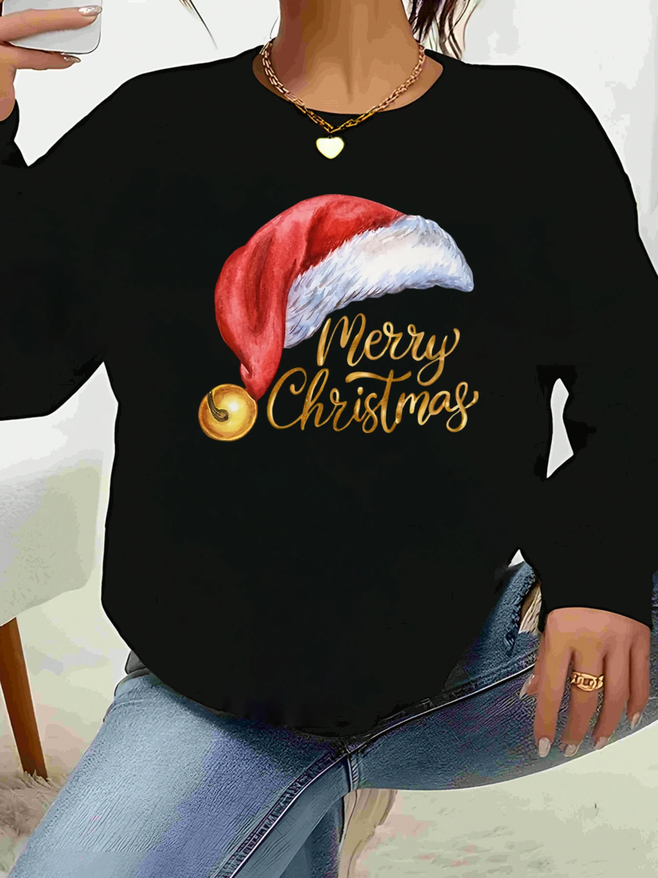 

Santa Hat Merry Christmas Print Long Sleeve Top Holiday Party Women's Casual Wear