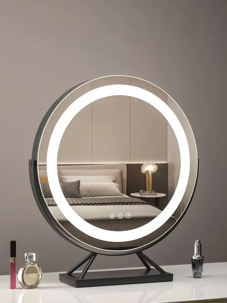 LED Lighted Circle Mirror Round Tabletop/Desk Mirror 3 Color Dimmable Lighting Modes with 15x Magnifying Spot Make up Mirrors