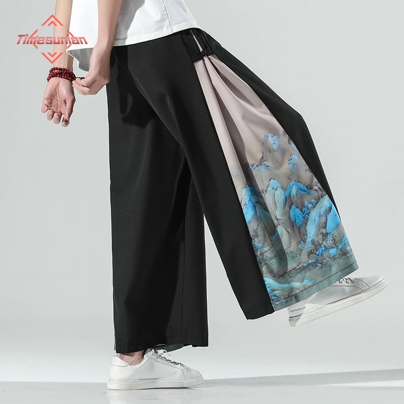 Spring Summer Men Japan Samurai and Thai Wide Leg Ice Silk Pants Chinese Urban Streetwear Loose Long Bottoms Trousers